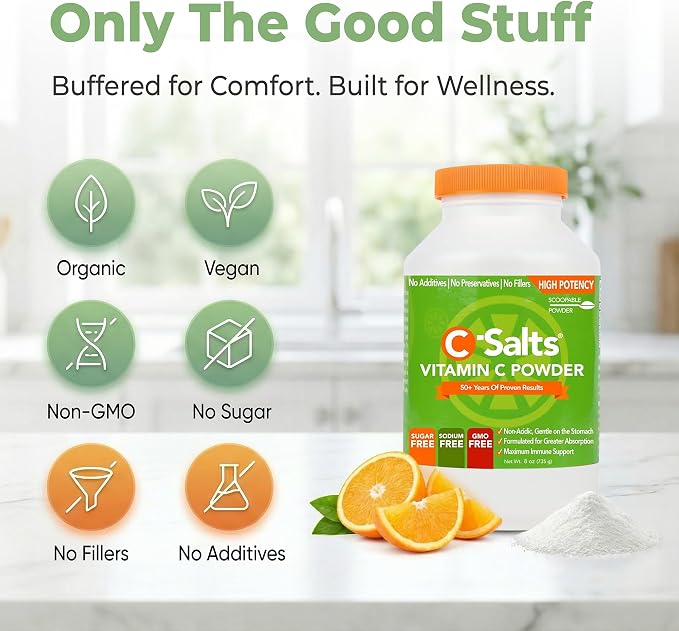 C-Salts Vitamin C Powder - 100% Pure Buffered Ascorbic Acid Powder for Daily Immune Support & Collagen Production - Stomach-Friendly Organic Vegan Non-GMO Sugar-Free - 84 Servings - Original, 8oz