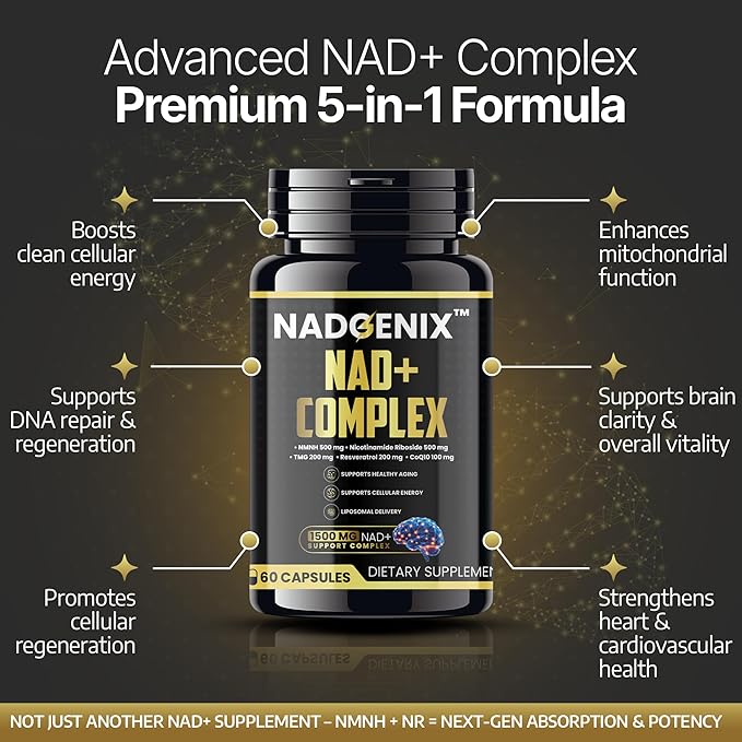 NADGENIX™ NAD+ Supplement – NMNH 500mg, Nicotinamide Riboside, TMG, Resveratrol & CoQ10 – Cellular Energy & Healthy Aging – 60 Capsules – High Absorption Liposomal Delivery