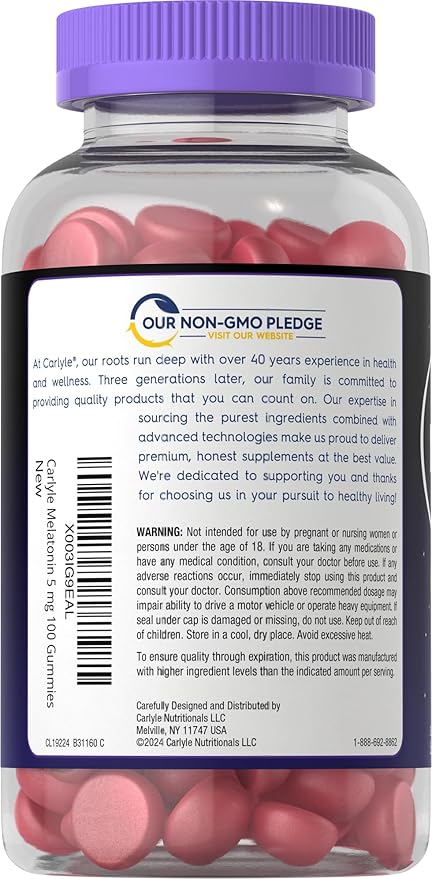 Carlyle Melatonin 5mg Gummies | 100 Count | Berry Flavor | 100% Drug Free | Non-GMO, Gluten Free Supplement