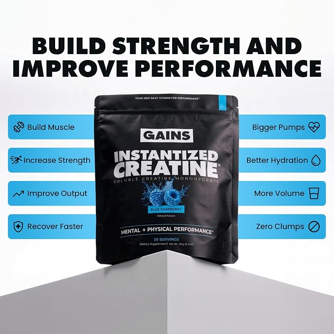 Gains in Bulk Instantized Creatine Monohydrate for Men & Women, Soluble Pre Workout Powder, Supports Muscle Building, Strength and Performance, Bodybuilding Supplements, Blue Raspberry, 30 Servings