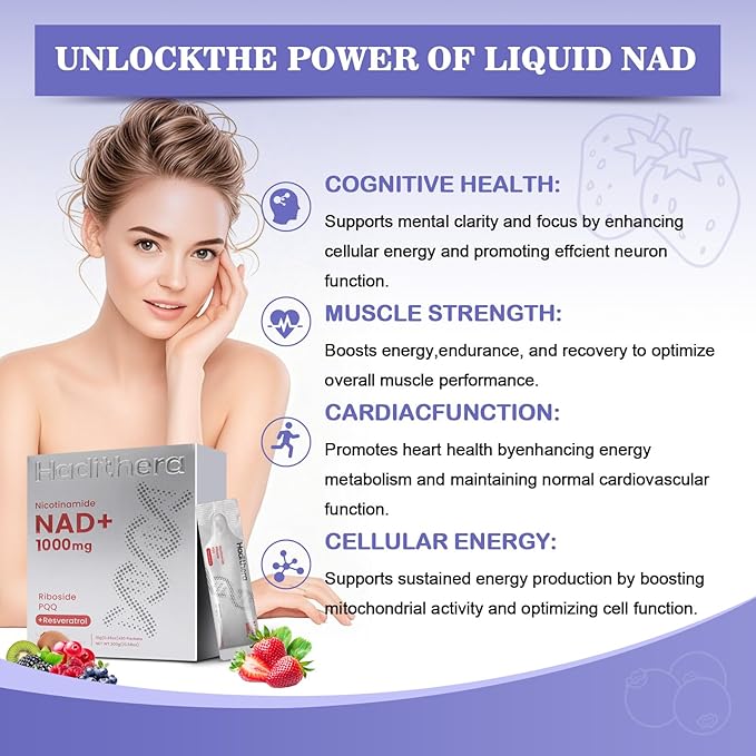 NAD Supplement 1000mg Synergistic Blend with Nicotinamide Riboside, PQQ & Resveratrol - Premium Anti-Aging Supplement for Cellular Energy, Mental Clarity and Longevity (30 Packets)