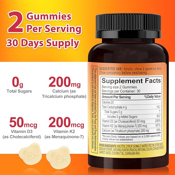 Sugar Free Vitamin D3 K2 Gummies with Calcium, 2000 IU D3 & 200 mcg K2(MK-7) & 200 mg Calcium, Supports Healthy Bones & Immune Health, Gluten Free, GMO Free, Yellow Peach, 60 Count