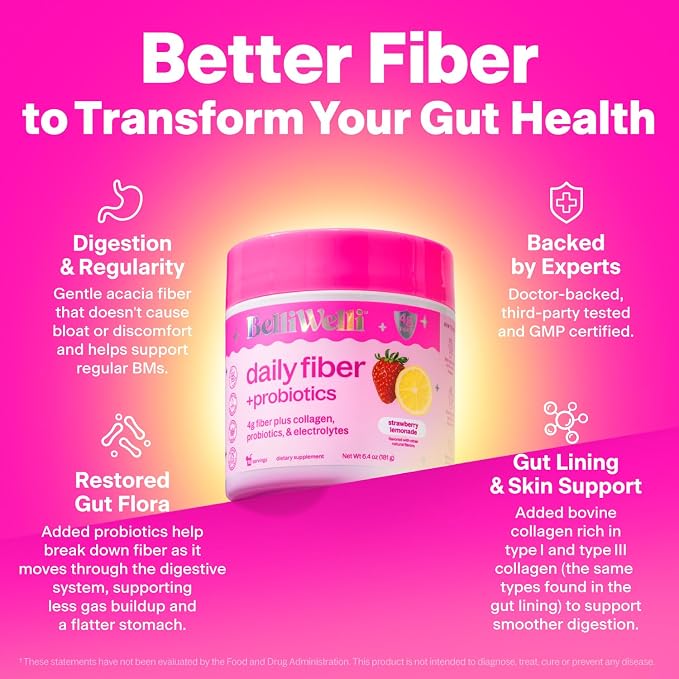 BelliWelli Fiber Supplement for Women & Men Premium Daily Fiber Powder from Organic Acacia with Added Collagen Electrolytes & Probiotics No Bloat Constipation & Gut Health Support(Strawberry Lemonade)
