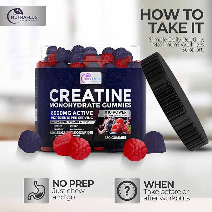 Creatine Monohydrate Gummies 8000mg per Serving for Men & Women – Creatine Gummies with BCAA, Taurine, L-Carnitine & Vitamin B12 – Made in USA, Vegan, Gluten Free, Berry Flavor, 120 Count