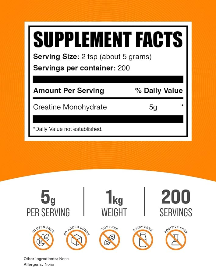 BulkSupplements.com Creatine Monohydrate Powder - Micronized Creatine Powder, Unflavored - Pure & Gluten Free, 5g (5000mg) per Servings, 1kg (2.2 lbs) (Pack of 1)