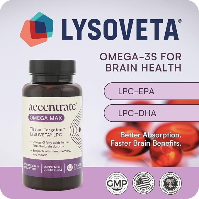 Omega Max w/LYSOVETA LPC | EPA & DHA Supplements for Brain & Retina Health | Focus, Attention, Memory, Mood & Vision | 6X Higher Absorption Than Fish Oil | High Potency Omega-3 LPC-DHA