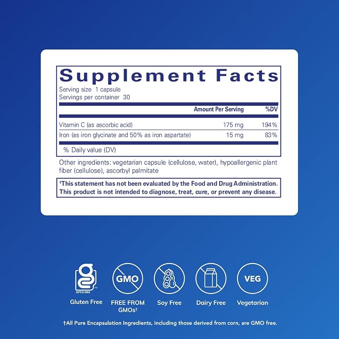Pure Encapsulations Iron-C - 15 mg - 175 mg Vitamin C - Red Blood Cell Support* - Energy Production - Highly Bioavailable Iron Pill - Gluten Free & Vegan - 30 Capsules