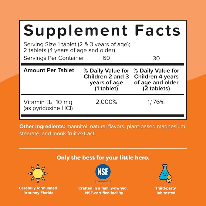 Renzo's Bright & Brainy Vitamin B6, Dissolving Kids Vitamin B6, 60 Sugar-Free Melty Tabs, Oh Oh Oh Orange Flavored