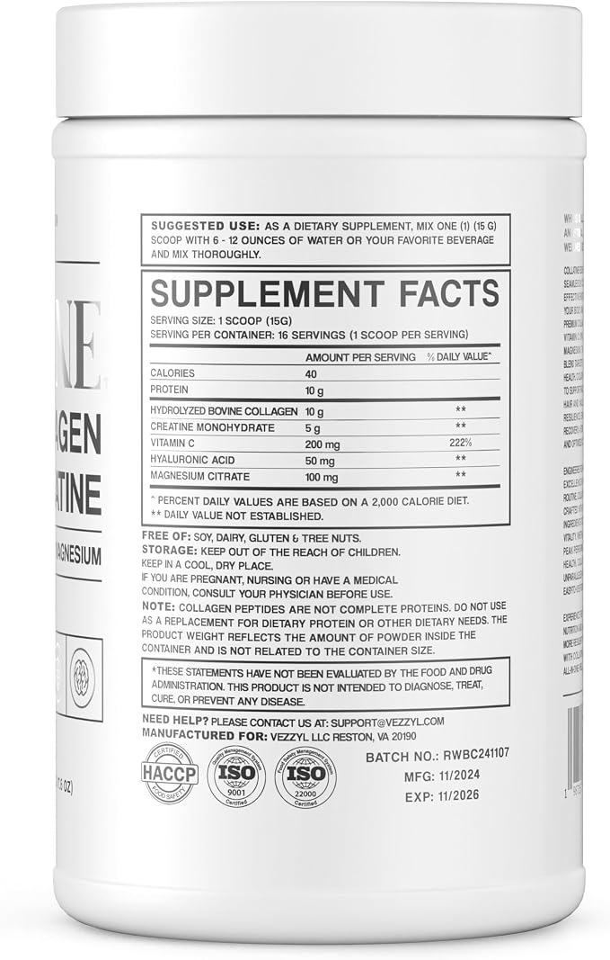Collatine - Premium Collagen Peptides + Creatine with Vitamin C, Hyaluronic Acid and Magnesium for Skin, Hair, Nails, Bone & Joint, Muscle, Immune and Cognitive Aid (1.1 LB (500 G/17.6 OZ)