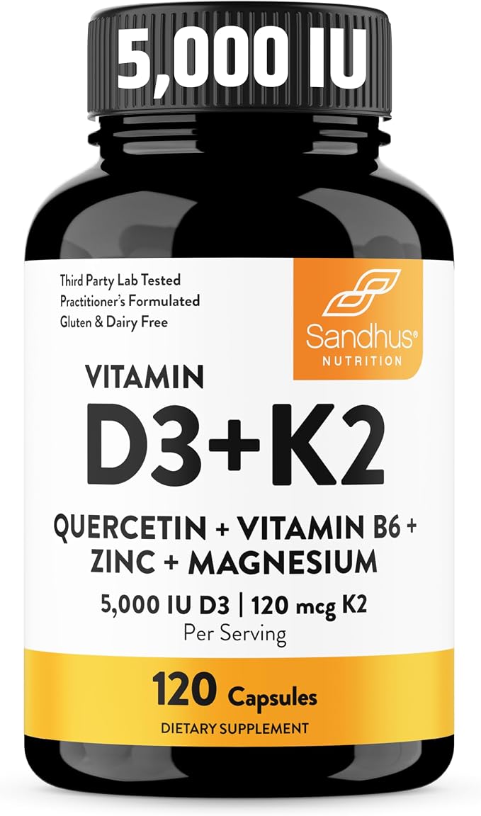 Sandhu's Vitamin D3 K2 Magnesium 5000 IU, 120mcg K2 Capsules 120 Count (Pack of 1) | with VIT B6, Zinc & Quercetin | D3K2 Supports Superior Absorption, Energy, Immune, Muscle Health for Men & Women