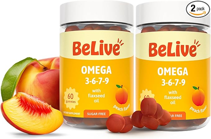 BeLive Organic Omega 3 Gummies - 120 Ct I Vegan Omegas 3 6 7 & 9 from Flaxseed Oil & Sea Buckthorn Fruit Oil, for Kids & Adults, Full Body, Brain & Eye Support, Sugar Free – Peach Flavor
