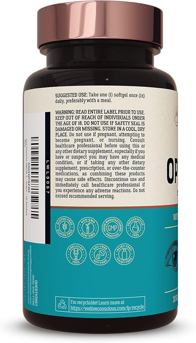 Live Conscious Eye Vitamins Select AREDS 2 Ingredients with Vitamin E, Lutein, and Astaxanthin - OptiWell Eye Health Supplement and Blue Light Support (2 Pack)