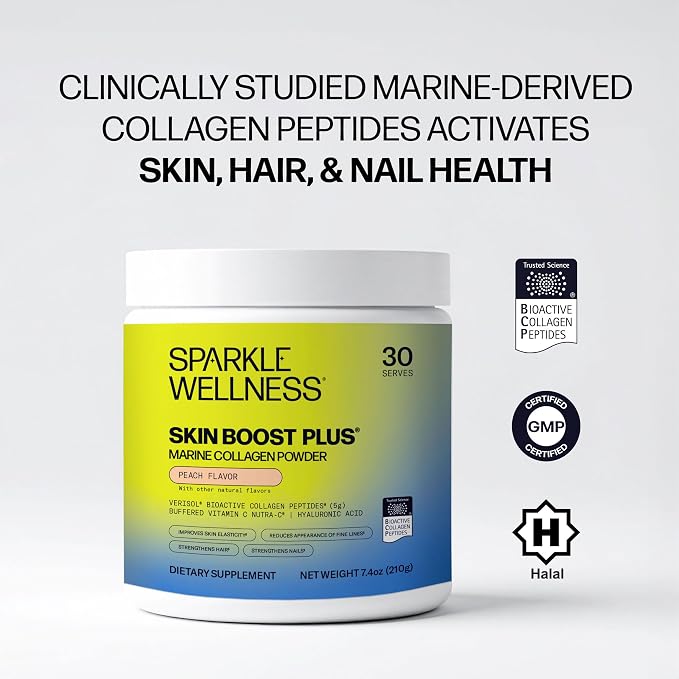 Sparkle Wellness Marine-derived VERISOL Bioactive Hydrolyzed Collagen Peptides | Collagen Powder Supplement with Vitamin C & Hyaluronic Acid | Marine Skin Boost Plus (Peach) [30-Serves]