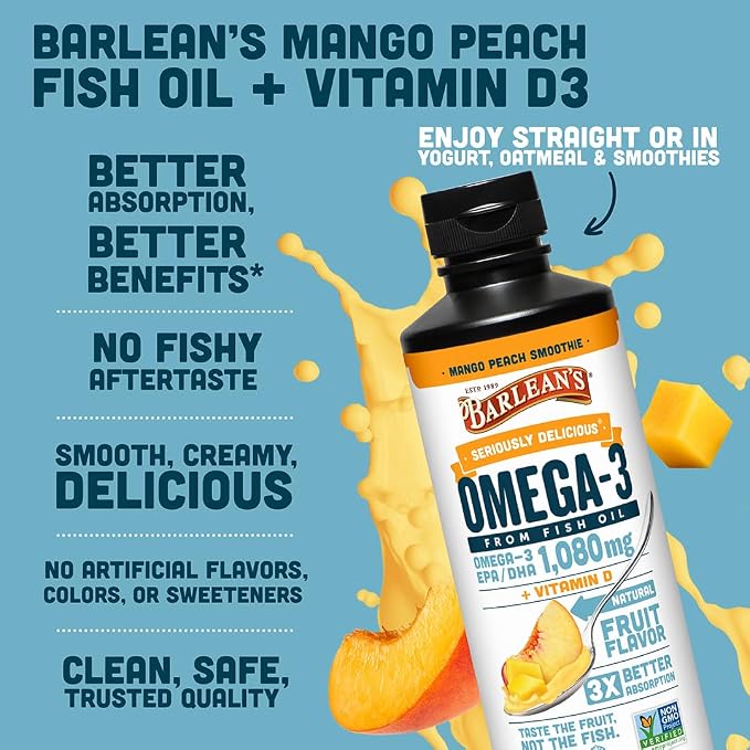 Barlean's Omega 3 Fish Oil Liquid Supplement with Vitamin D for Men and Women, 1080mg of EPA and DHA Fatty Acid, Promotes Brain & Heart Health - Non-GMO, Mango Peach, 16 oz