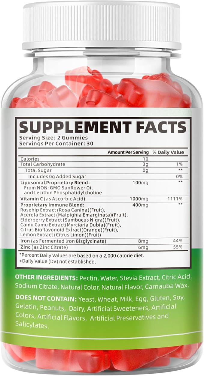 softbear Liposomal Vitamin C Gummies for Adults & Kids 1000mg, Chewable Vitamin C Supplement for Immune Support, Vegan/Organic/Sugar Free VIT C Gummies, Strawberry Flavor 60 Count