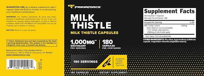 Primaforce Milk Thistle Extract 180 Capsules for 180 Servings Per Bottle - Gluten Free, GMO-Free Dietary Supplement