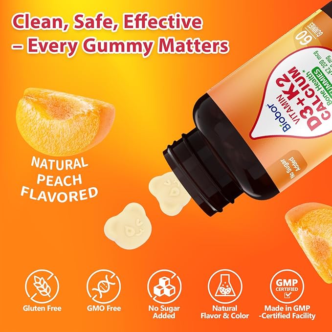 Sugar Free Vitamin D3 K2 Gummies with Calcium, 2000 IU D3 & 200 mcg K2(MK-7) & 200 mg Calcium, Supports Healthy Bones & Immune Health, Gluten Free, GMO Free, Yellow Peach, 60 Count