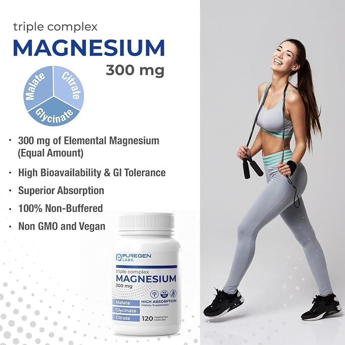 Puregen Labs Triple Magnesium Complex 300mg of Magnesium Glycinate, Malate, & Citrate [High Absorption] Total 240 Veg Capsules | No Harmful Additives | Non-GMO, NO Gluten and Dairy