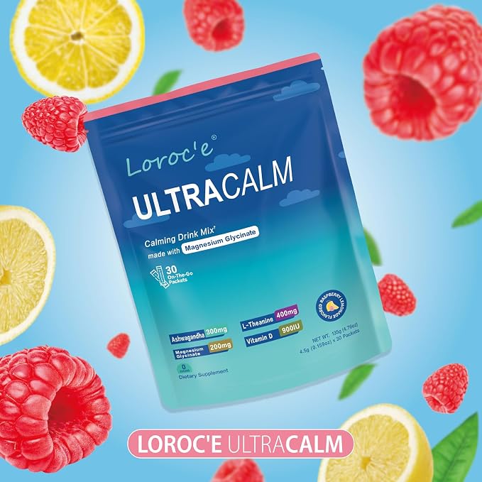 UltraCalm Cortisol Drink Mix - Raspberry Lemonade with Ashwagandha, Magnesium Glycinate & L-Theanine Supplement - Sleep and Relaxation Support (2 x 30 Travel Packets)
