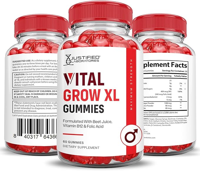Justified Laboratories Vital Grow XL Performance Gummies 1000MG Advanced Formula Formulated with ACV Pomegranate Beet Juice Powder B12 Vegan Non GMO 60 Gummys