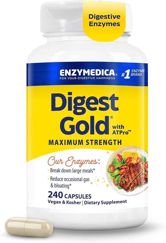 Enzymedica Digest Gold - Digestive Enzyme Supplement for Women & Men, Enzyme Capsules for Digestion, Gut Health Support, Helps Gas & Bloating, ATPro Energy Support, Maximum Strength, Vegan - 240 Caps