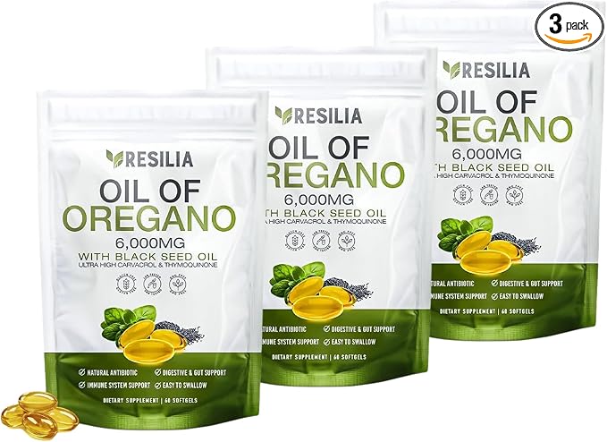 Resilia Oil Of Oregano Softgels with Black Seed Oil 6000mg – Organic Oregano Oil Capsules for Immune & Digestive Support – Non-GMO, Gluten-Free Softgels – 180 Count (Pack of 3)
