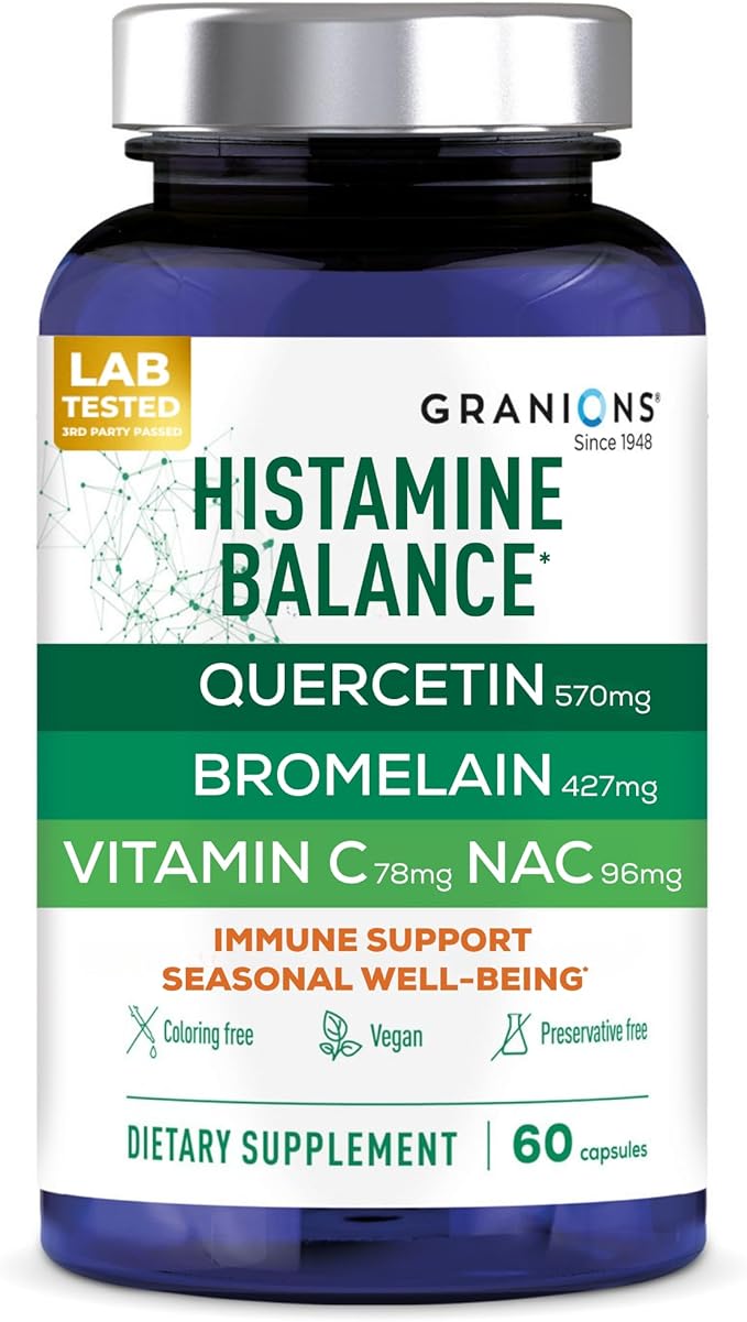 Granions Histamine Balance Complex - Quercetin with Bromelain, NAC and Vitamin C - D-Hist Seasonal Histamine Blocker & Immune Support Supplement for Adults and Children - 60 Vegan Capsules