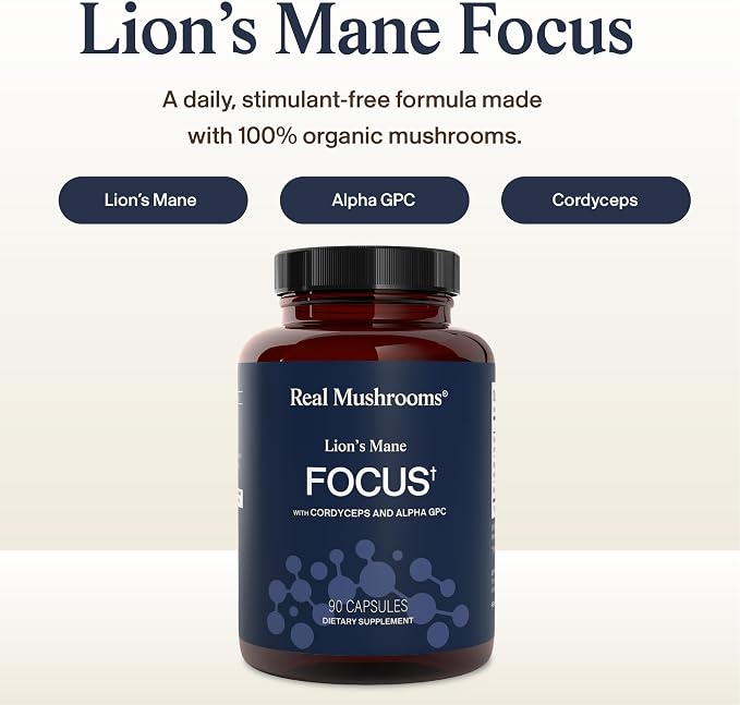 Real Mushrooms Lion’s Mane Focus Capsules (90 Count) – Organic Lions Mane Fruiting Body Extracts with 200mg Alpha GPC Choline for Mental Clarity & Daily Cognitive Function