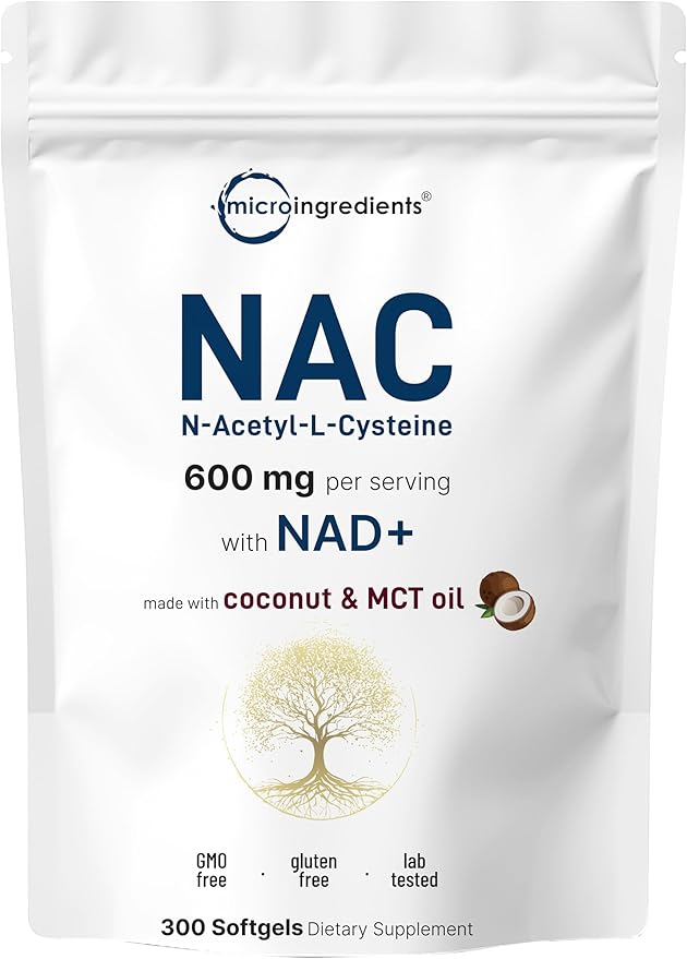 Micro Ingredients NAC Supplement 600mg with NAD+ & Coconut Oil, 300 Softgels | 2-in-1 N Acetyl L Cysteine Plus Nicotinamide Forms | NAD Supplements for Women & Men | Non-GMO, Gluten Free