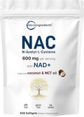 Micro Ingredients NAC Supplement 600mg with NAD+ & Coconut Oil, 300 Softgels | 2-in-1 N Acetyl L Cysteine Plus Nicotinamide Forms | NAD Supplements for Women & Men | Non-GMO, Gluten Free