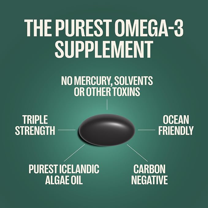 Orlo Vegan Omega 3 Algae Oil 1000mg - Natural Icelandic Nordic Omega-3 EPA & DHA Supplement - Fish Oil & Krill Alternative for Heart & Brain – 120 Easy-to-Swallow Burpless Mini Softgels
