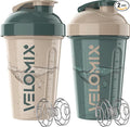 VELOMIX -2 Pack- 20 oz Protein Shaker Bottles for Protein Mixes - 2x Wire Whisk | Leak Proof Shaker Cups for Protein Shakes and Pre Workout | Protein Shaker Bottle Pack (A5) Blue&Beige