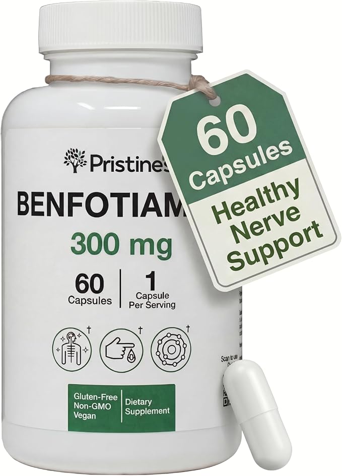 PRISTINE'S Benfotiamine 300mg High Bioavailability Nerve Support Supplement - 60 Day Supply - Fat Soluble Vitamin B1 Supplements - Vegan - Non-GMO