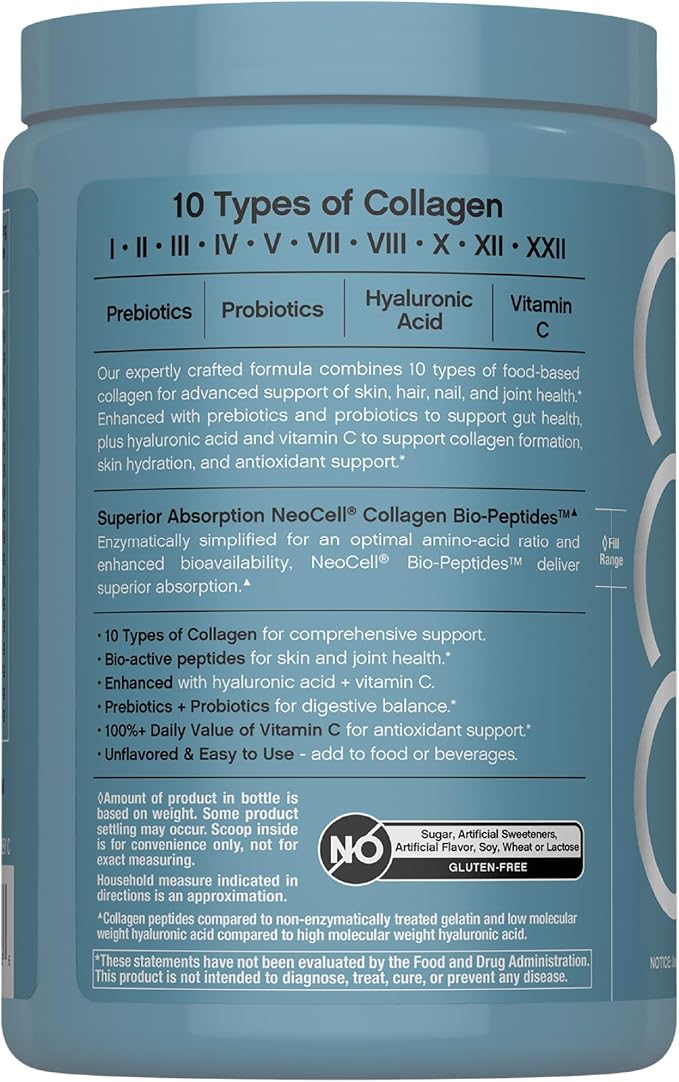NeoCell Multi Collagen Bio-Peptides Powder | 10oz | Advanced with Hyaluronic Acid and Vitamin C | 10 Super Types of Collagen | Superior Absorption | Grassfed Protein Supplement