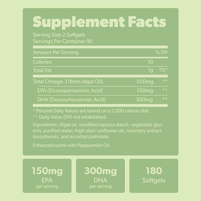 Vegan Omega 3 Supplement - Plant Based DHA & EPA Fatty Acids - Carrageenan Free, Alternative to Fish Oil, Supports Heart, Brain, Joint Health - Sustainably Sourced Algae, Fish Oil Free - 180 Softgels