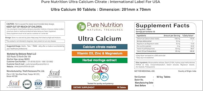 Pure Nutrition Ultra Calcium 1000mg with VIT D3 + K | 90 Tab | Calcium Supplement with Calcium Citrate Malate, VIT D3, K, Moringa Oleifera, Magnesium and Zinc.