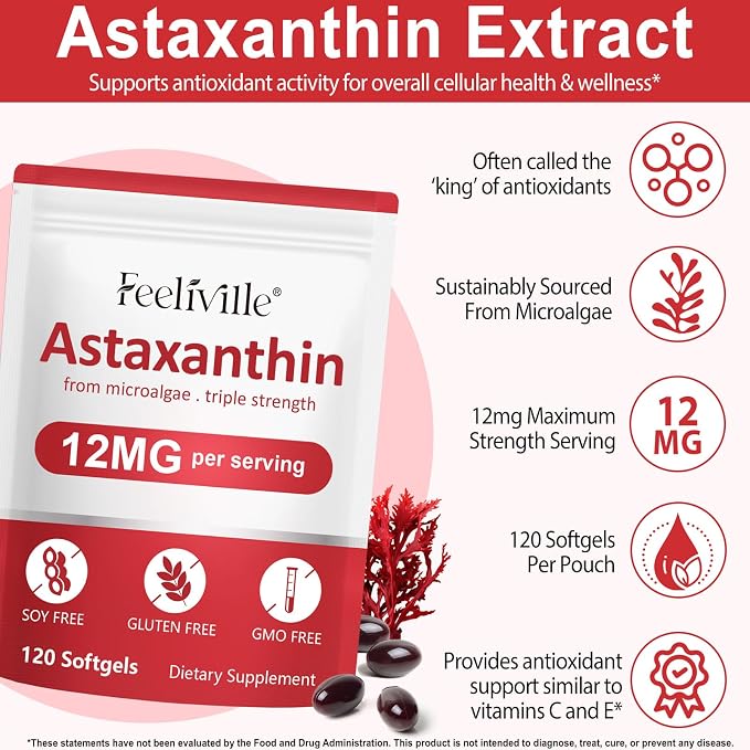 VOFANK Astaxanthin 12mg, Premium Astaxanthin Supplements with Antioxidant Activity, Supports Eye, Joint, Immune, Skin Health, Internal Circulation, Non-GMO & No Gluten 120 Softgels