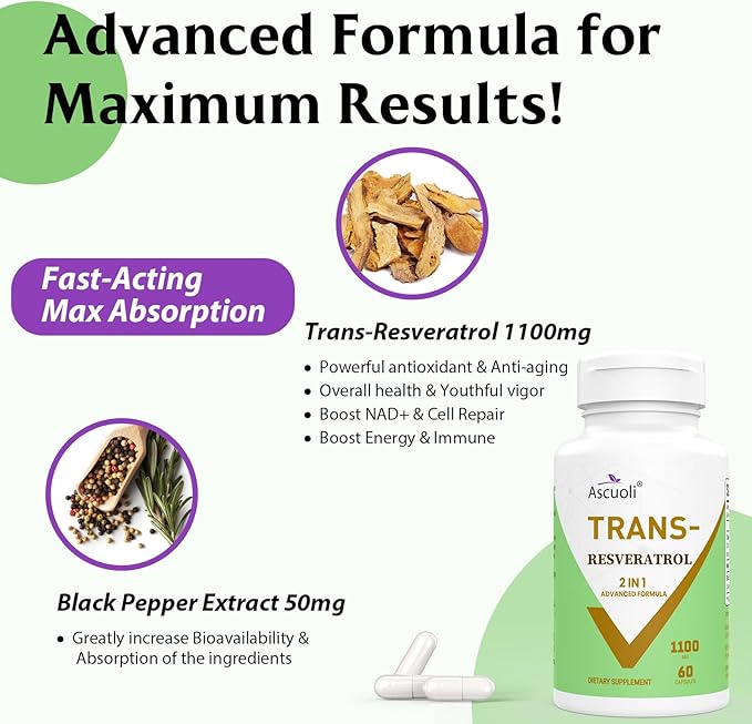 99% Ultra Purity Trans-Resveratrol 1100mg, 3-in-1 Advanced Formula Organic Resveratrol Supplement, Max Antioxidant, Anti-Aging, Skin Health, Cell Repair, Boost NAD+, Immune & Energy, 60 Caps
