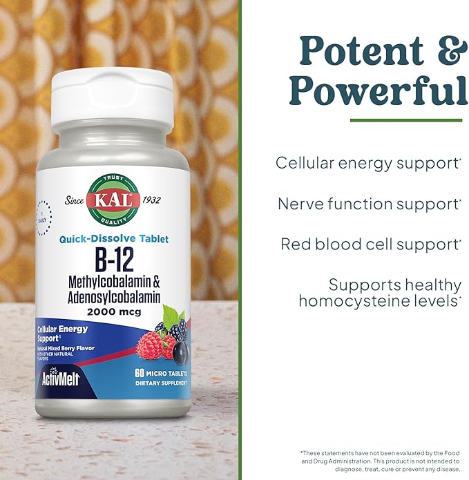 KAL Vitamin B12 Methylcobalamin and Adenosylcobalamin 2000 mcg ActivMelt, B12 Energy Supplements, Metabolism, Nerve, Red Blood Cell Support, High Absorption, Natural Berry, 60 Serv, 60 Micro Tablets