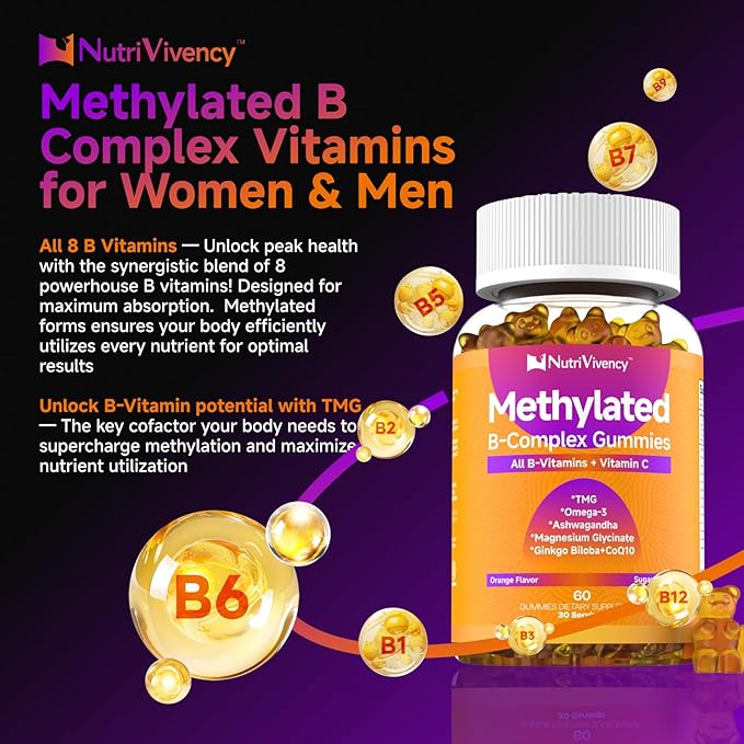 Methylated Vitamin B Complex Gummies, All B Complex Vitamins for Women Men, with Omega-3, Ashwagandha, Magnesium, Vitamin C, CoQ10, TMG for Energy Support, B1, B2, B3, B5, B6, B7, Sugar Free, 60 Count