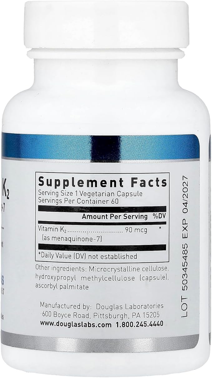Douglas Laboratories Vitamin K2 - 90 mcg MK-7 - Supports Bone Formation, Calcium Use, Heart Health & Blood Vessels* - Vegetarian Formula - 60 Capsules