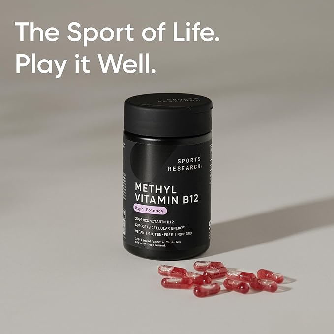 Sports Research® Vitamin B12 as Methylcobalamin 2000mcg - Plant Based B12 w/Coconut MCT Oil for Energy Metabolism Support - Vegan Certified · Non-GMO · Gluten Free - 120 Liquid Caps