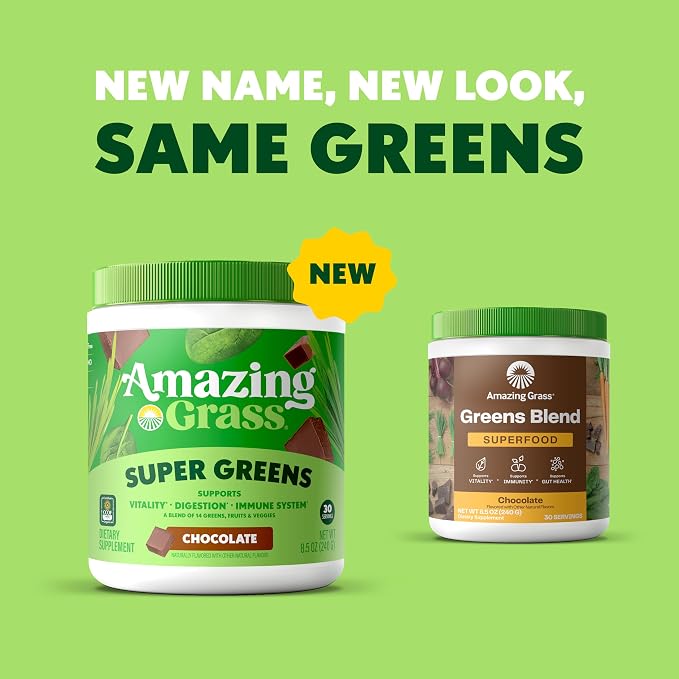 Amazing Grass Greens Blend Superfood: Super Greens Powder Smoothie Mix with Organic Spirulina, Chlorella, Beet Root Powder, Digestive Enzymes & Probiotics, Chocolate, 30 Servings (Packaging May Vary)
