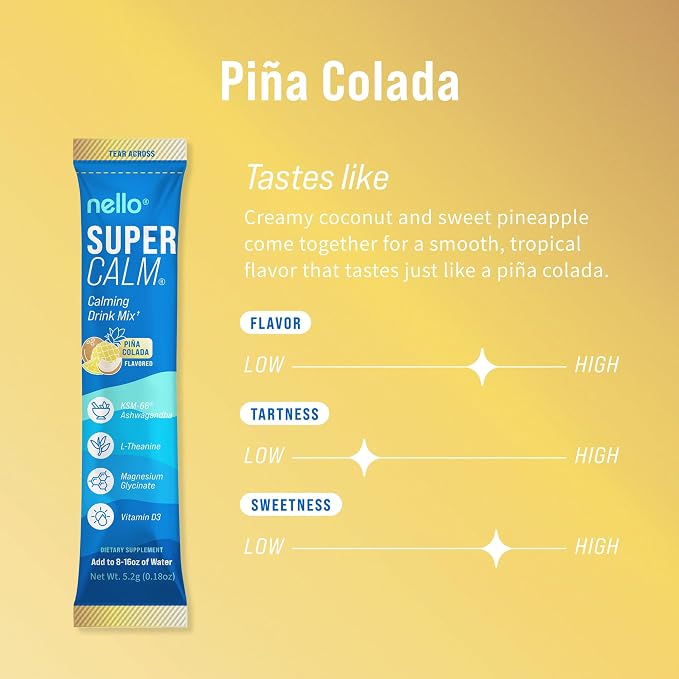 Nello Supercalm Powdered Drink Mix, Cortisol Reducer* and Sleep Aid Supplement, L Theanine, Ksm-66 Ashwagandha, Magnesium Glycinate, Vitamin D 3, No Sugar, Non GMO, On The Go, 20 Ct, Pina Colada