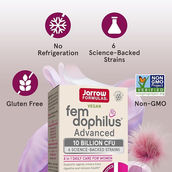 Jarrow Formulas Fem-Dophilus Advanced Vaginal & Digestive Probiotics 10 Billion CFU, for Vaginal, Urinary Tract, Digestive & Immune Support, 30 Capsules (Pack of 2)
