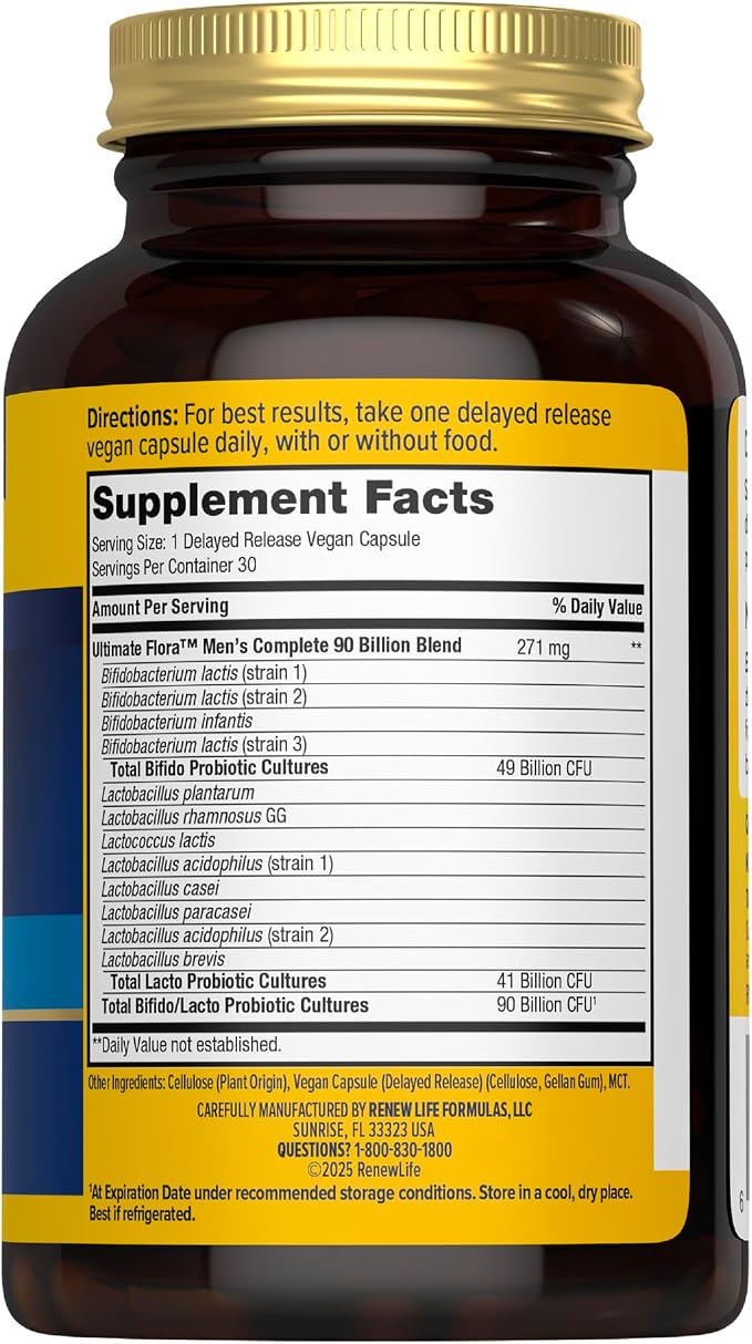 Renew Life Men's Care Probiotic Capsules, Supports Mens Digestive, Colon, Immune and Respiratory Health, L. Rhamnosus GG, Dairy, Soy and gluten-free, 90 Billion CFU, 30 Count