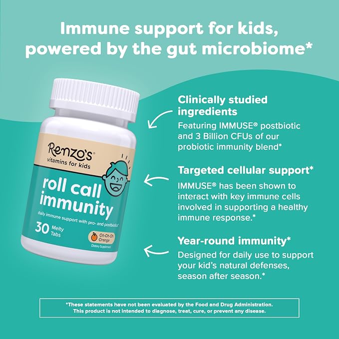 Renzo's Roll Call Immunity - Dissolvable Kids Immune Support Supplement with IMMUSE Postbiotic, Sugar-Free Kids Vitamins, 30 Orange-Flavored Melty Tabs