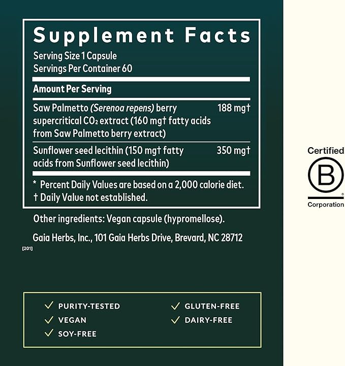 Gaia Herbs Saw Palmetto - Supports Healthy Prostate Function & Urinary Health - Saw Palmetto & Sunflower Seed Lecithin to Support Men's Health* - 60 Vegan Liquid Phyto-Caps (60 Servings)
