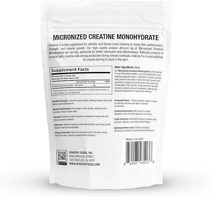 HEARTHY FOODS Creatine Monohydrate Micronized Powder 500G - 100 Servings, 5000mg Per Serving (5g) - for Men & Women Muscle Growth & Recovery - UNFLAVORED