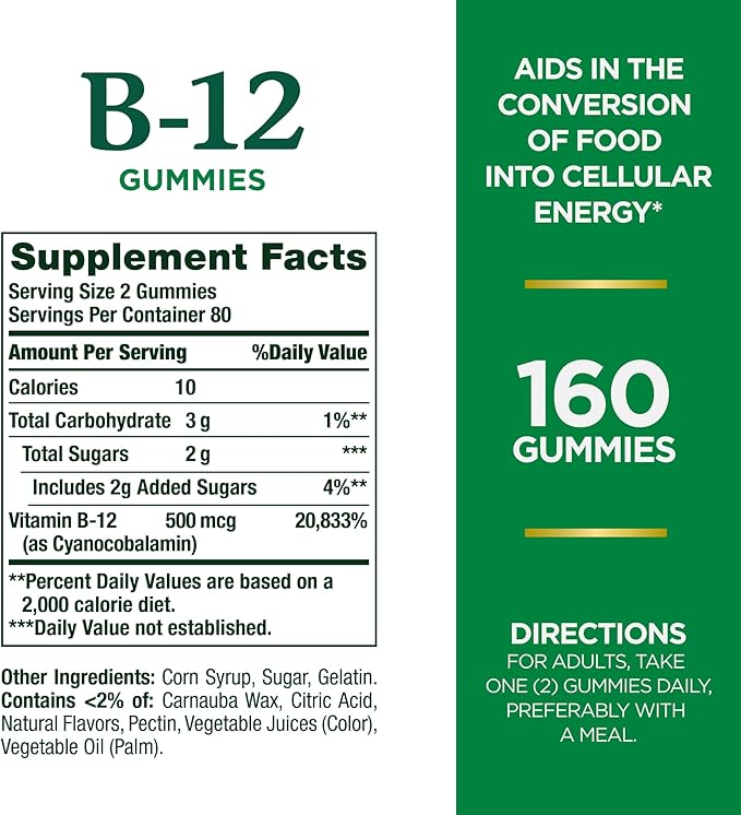 Nature's Bounty Vitamin B12 Gummies, Dietary Supplement, Supports Energy Metabolism and Nervous System Health, Mixed Berry Flavor, 500mcg, 160 Count (Pack of 3)